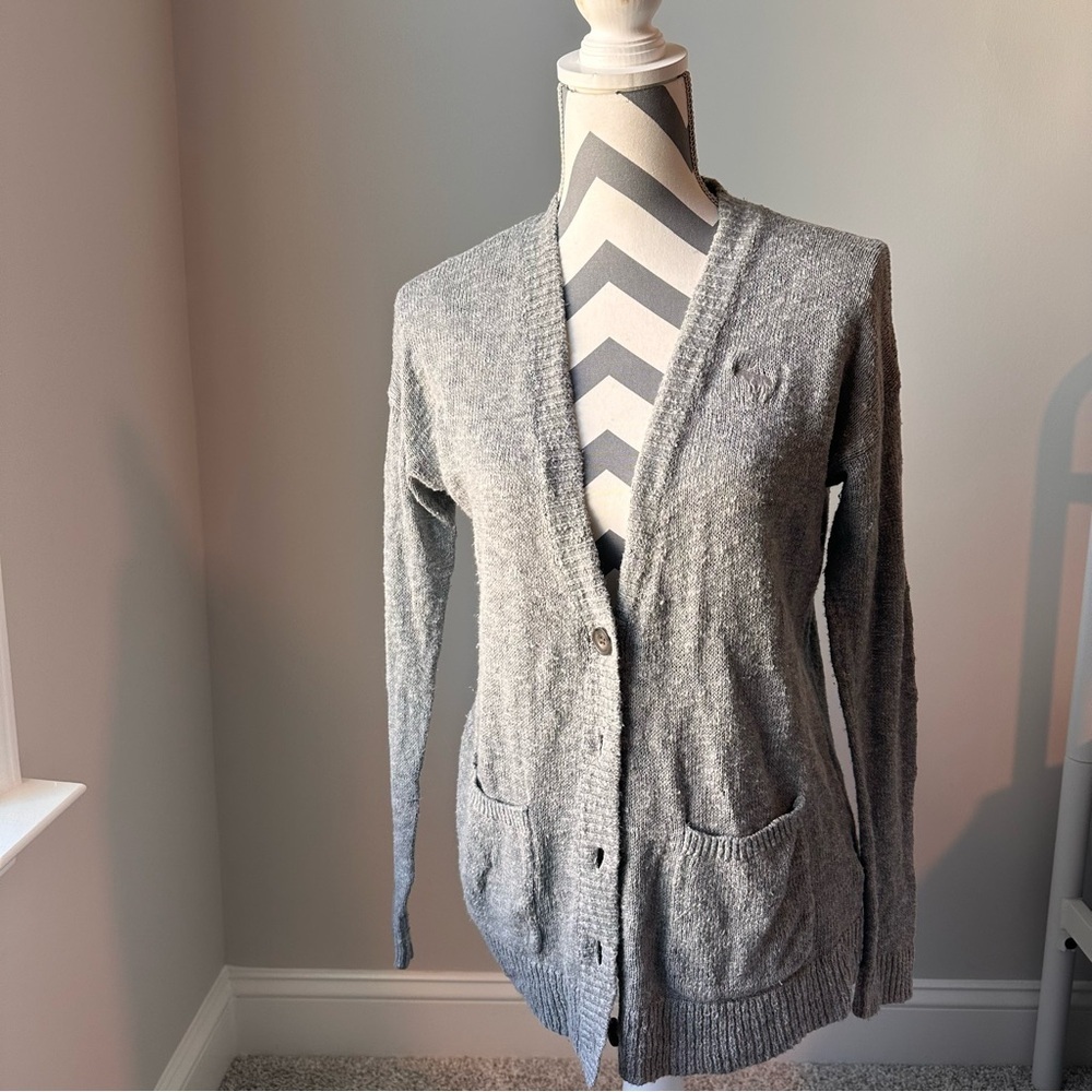 Abercrombie & Fitch Cardigan Grandpa Sweater Gray L Moose Logo Pockets Preppy